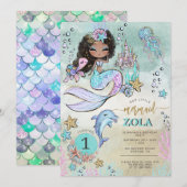 海の中の人魚 編集可能な1歳の誕生日パーティー招待状 招待状 (正面/裏面)