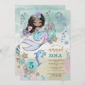 海の中の人魚 編集可能な 5歳の誕生日パーティー 招待状 (正面/裏面)