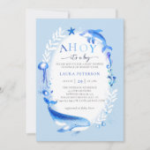 海の中の仲間たちと船の少年 赤ちゃん歓迎パーティー 招待状 (正面)