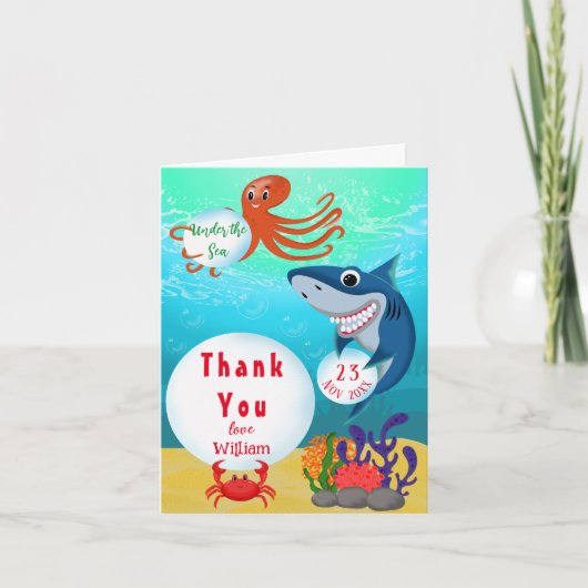 海の中の動物の子供の誕生日 サンキューカード (正面)