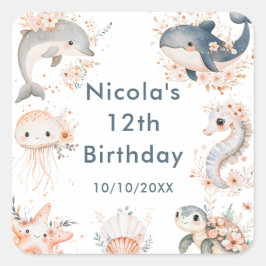 海の中の動物の誕生日パーティー スクエアシール