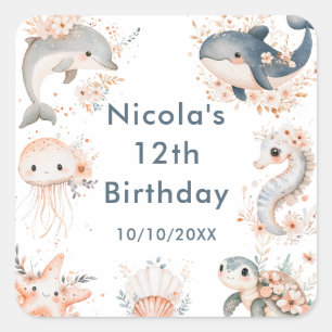 海の中の動物の誕生日パーティー スクエアシール