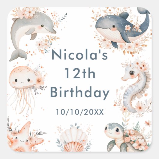 海の中の動物の誕生日パーティー スクエアシール (正面)