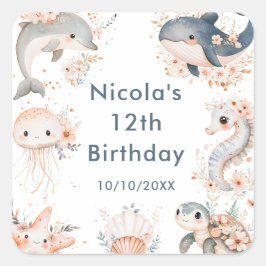 海の中の動物の誕生日パーティー スクエアシール