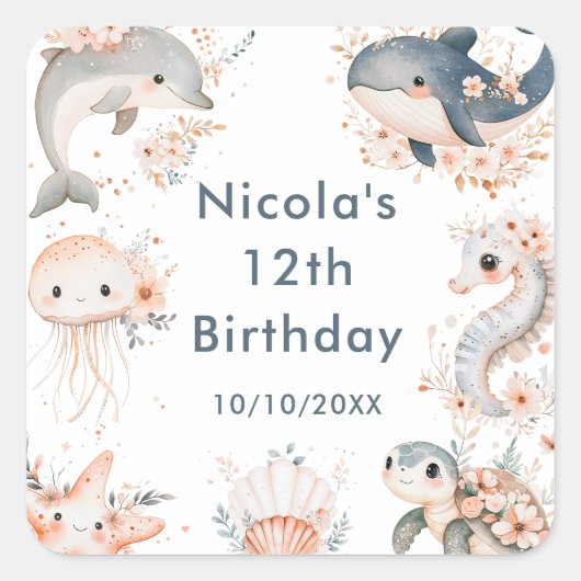 海の中の動物の誕生日パーティー スクエアシール (正面)