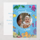 海の中の動物 かわいい1歳の誕生日写真 招待状 (正面/裏面)