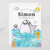 海の中の可愛いサメの泳ぐオーシャン誕生日パーティー 招待状 (正面/裏面)