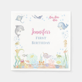 海の中の女の子の水彩画 1歳の誕生日 スタンダードカクテルナプキン