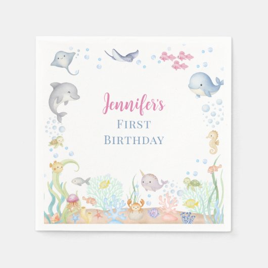 海の中の女の子の水彩画 1歳の誕生日 スタンダードカクテルナプキン (正面)