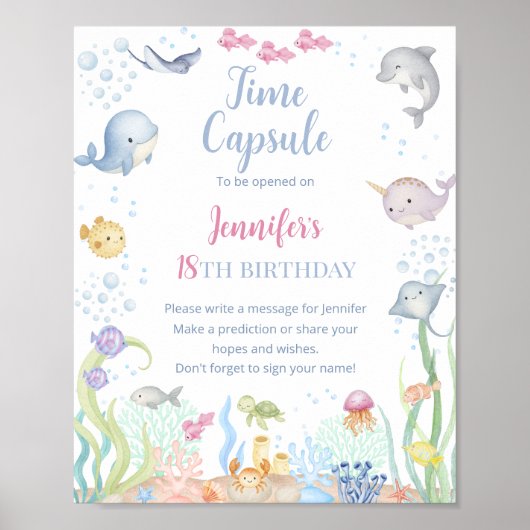 海の中の女の子の誕生日おめでとう ウォーターカラー ポスター (正面)