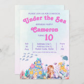 海の中の妖精のような優雅な人魚の誕生日 招待状 (正面/裏面)