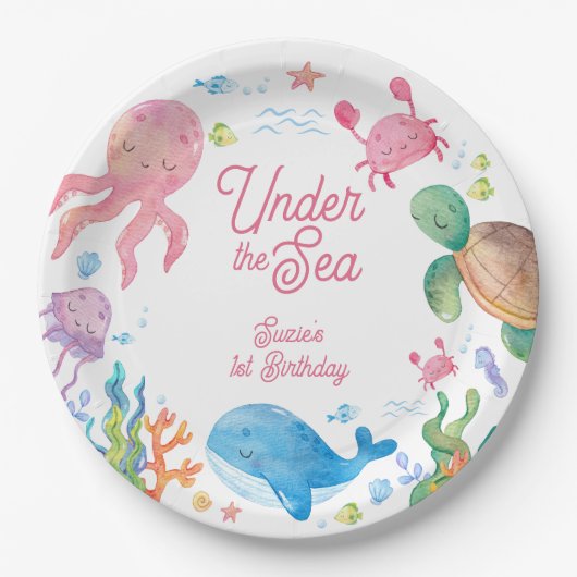 海の中の子供たちの1歳の誕生日 ペーパープレート (正面)