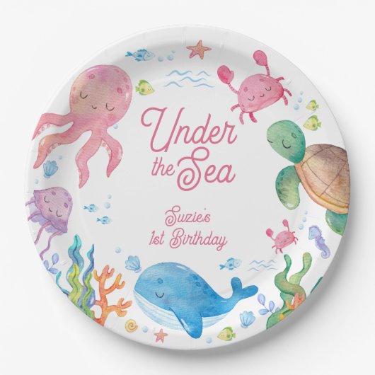 海の中の子供たちの1歳の誕生日 ペーパープレート (正面)