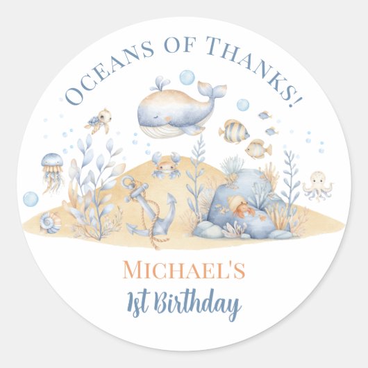 海の中の少年 1歳の誕生日ありがとう ラウンドシール (正面)