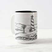 海の中の島の灯台の鉛筆画 ツートーンマグカップ (正面左)