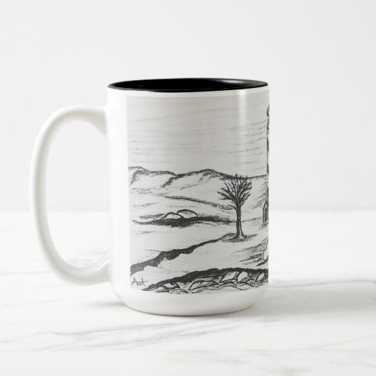 海の中の島の灯台の鉛筆画 ツートーンマグカップ (左)