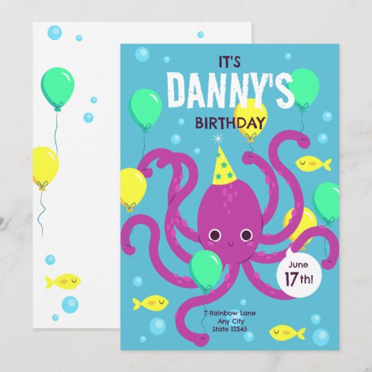 海の中の招待状 タコの誕生日 招待状 (正面/裏面)