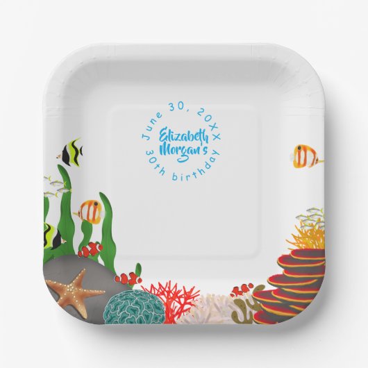 海の中の植物と魚の誕生日紙皿 ペーパープレート (正面)