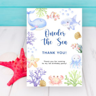 海の中の水彩画で1歳の誕生日パーティー サンキューカード