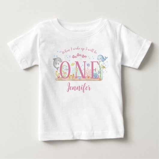 海の中の水彩画の女の子 初めての誕生日ベビー服 ベビーTシャツ (正面)