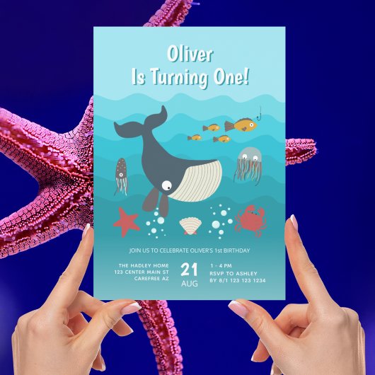 海の中の海の動物 1歳の誕生日 招待状