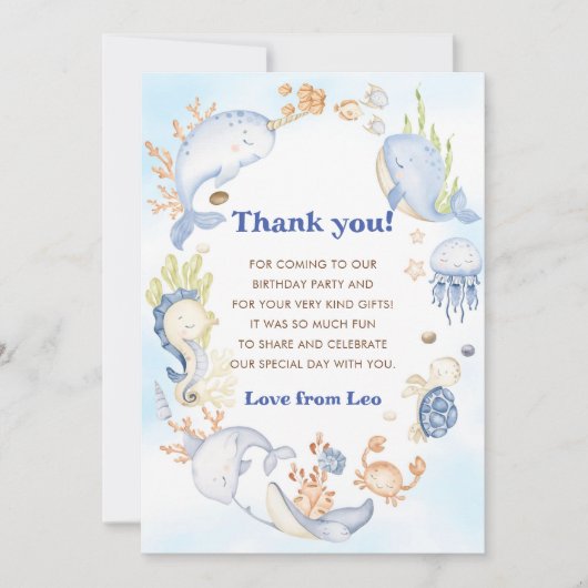 海の中の海の生き物の誕生日お礼カード 招待状 (正面)