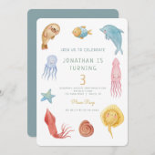 海の中の海洋動物の海の生活の誕生日 招待状 (正面/裏面)