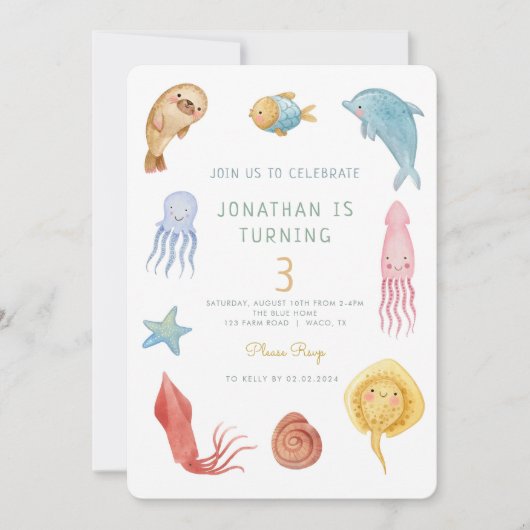 海の中の海洋動物の海の生活の誕生日 招待状 (正面)