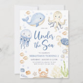 海の中の海洋動物の男の子の2歳の誕生日 招待状 (正面)