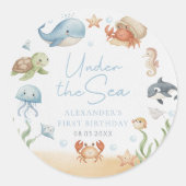 海の中の海洋動物の誕生日ステッカー ラウンドシール (正面)