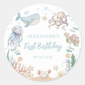 海の中の海洋動物の誕生日ステッカー ラウンドシール (正面)