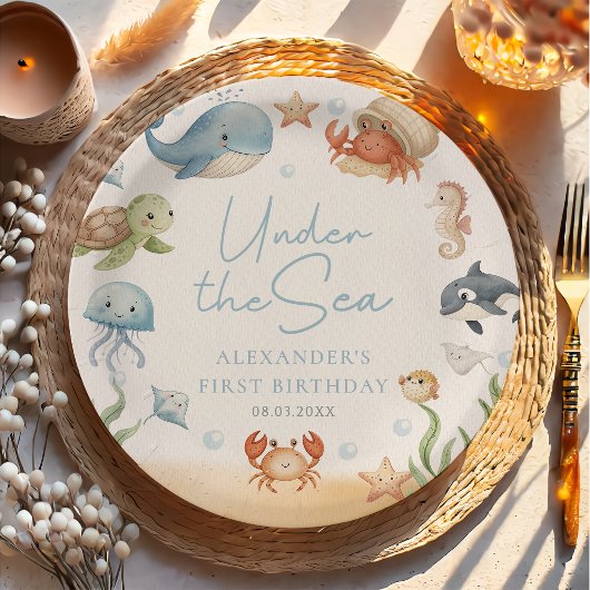 海の中の海洋動物の誕生日 ペーパープレート