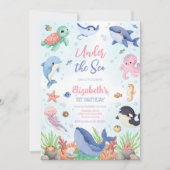 海の中の海洋動物テーマの誕生日 招待状 (正面)