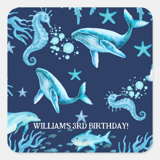 海の中の男の子の誕生日招待状 スクエアシール (正面)