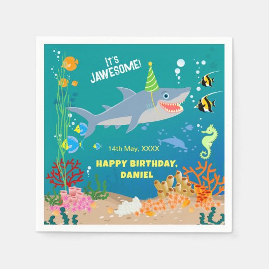 海の中の笑顔のサメ少年 誕生日パーティー スタンダードカクテルナプキン (正面)