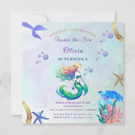 海の中の紫と金の人魚の誕生日パーティー 招待状