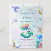 海の中の紫と金の人魚の誕生日パーティー 招待状 (正面)