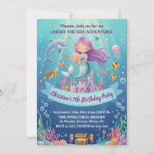 海の中の紫の人魚7歳の誕生日パーティー 招待状 (正面)