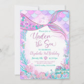 海の中の編集可能な紫と青緑の小さな人魚 招待状 (正面)