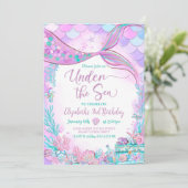 海の中の編集可能な紫と青緑の小さな人魚 招待状 (スタンド正面)
