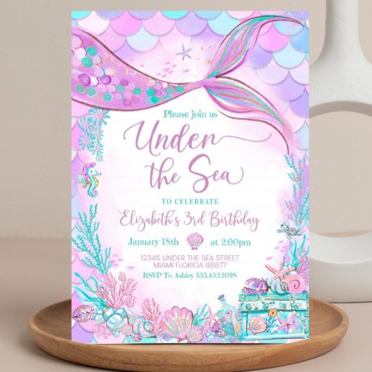 海の中の編集可能な紫と青緑の小さな人魚 招待状