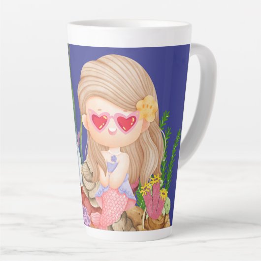 海の中の美しいブ遊リュネの髪の人魚 カフェラテマグ (右アングル)