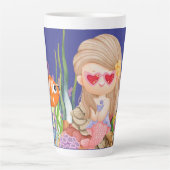 海の中の美しいブ遊リュネの髪の人魚 カフェラテマグ (正面)