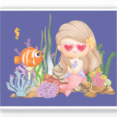 海の中の美しいブ遊リュネの髪の人魚 シール (正面)