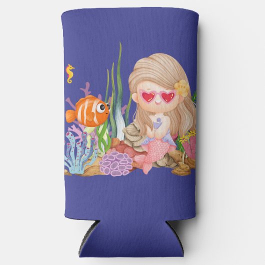 海の中の美しいブ遊リュネの髪の人魚 スリム缶クーラー (正面)