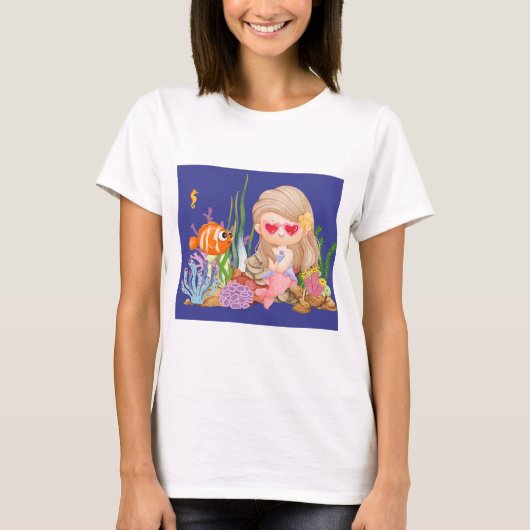 海の中の美しいブ遊リュネの髪の人魚 Tシャツ (正面)