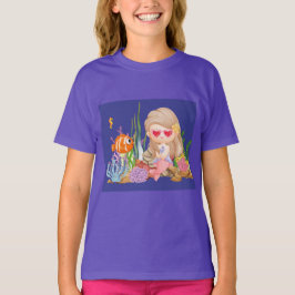 海の中の美しいブ遊リュネの髪の人魚 Tシャツ