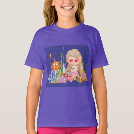 海の中の美しいブ遊リュネの髪の人魚 Tシャツ (正面)