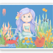 海の中の美し遊い紫の髪の人魚 シール (正面)