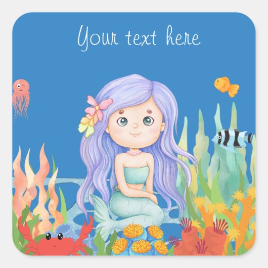 海の中の美し遊い紫の髪の人魚 スクエアシール (正面)
